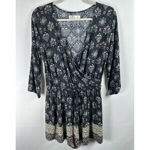 Hollister Belmont Shore Romper S Black Floral 3/4 Sleeve Boho Y2K Fairy‎ Grunge